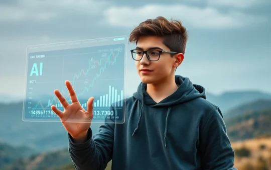 A young Gen Z trader confidently uses AI crypto trading bots to navigate volatile markets, symbolizing the transformative impact of AI on cryptocurrency market growth.
