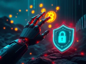 AI Crypto Threat: A digital representation of AI-powered risks impacting cryptocurrency security and financial assets.