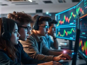 A young trader confidently using AI crypto trading tools on a digital interface, symbolizing reduced panic selling during market volatility.