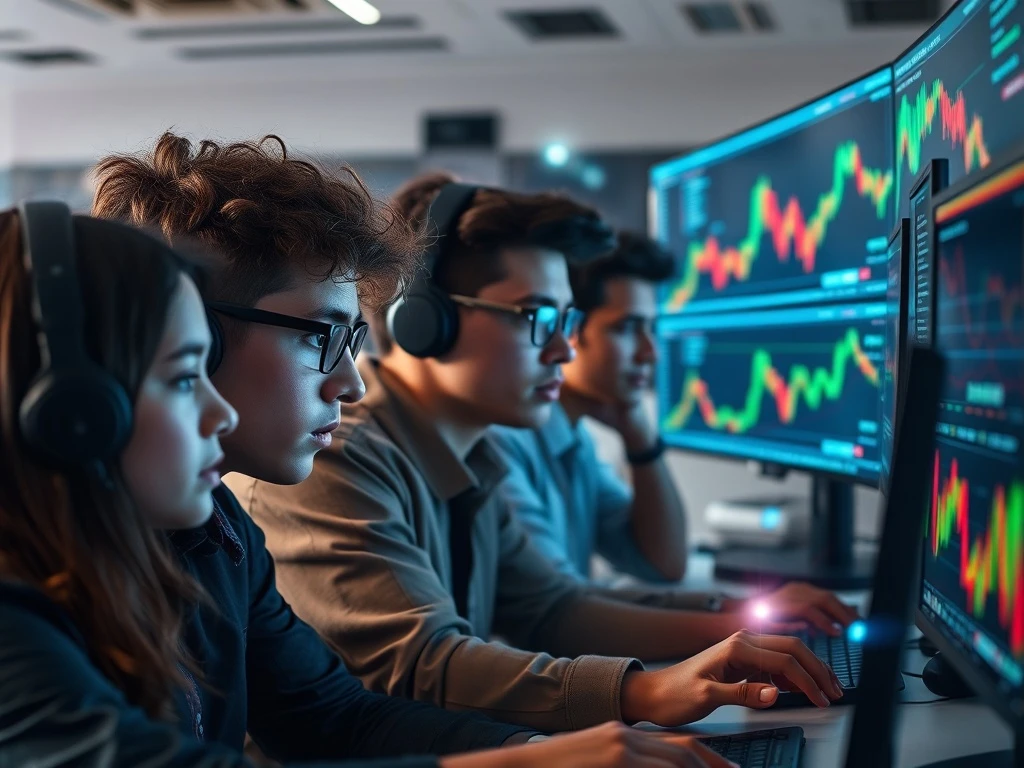 A young trader confidently using AI crypto trading tools on a digital interface, symbolizing reduced panic selling during market volatility.