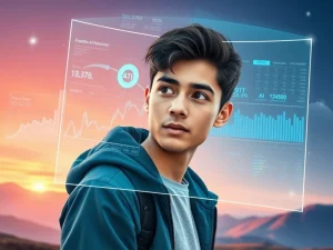 A young crypto trader confidently interacts with AI tools on a holographic interface, symbolizing their triumph over market volatility.