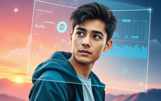 A young crypto trader confidently interacts with AI tools on a holographic interface, symbolizing their triumph over market volatility.