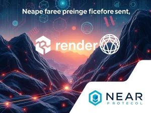AI crypto trio Render, ICP, and NEAR Protocol in a futuristic blockchain landscape