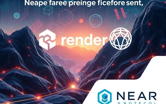 AI crypto trio Render, ICP, and NEAR Protocol in a futuristic blockchain landscape