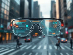AI glasses with holographic display showing augmented reality information