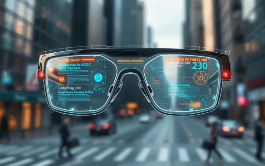 AI glasses with holographic display showing augmented reality information