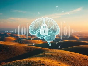 An abstract image showing AI waves transforming into a voice, with bank symbols in the background, highlighting the AI voice clone threat to financial security.
