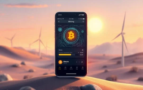 A smartphone displaying the AIXA Miner app, symbolizing easy Bitcoin mining powered by renewable energy and AI.