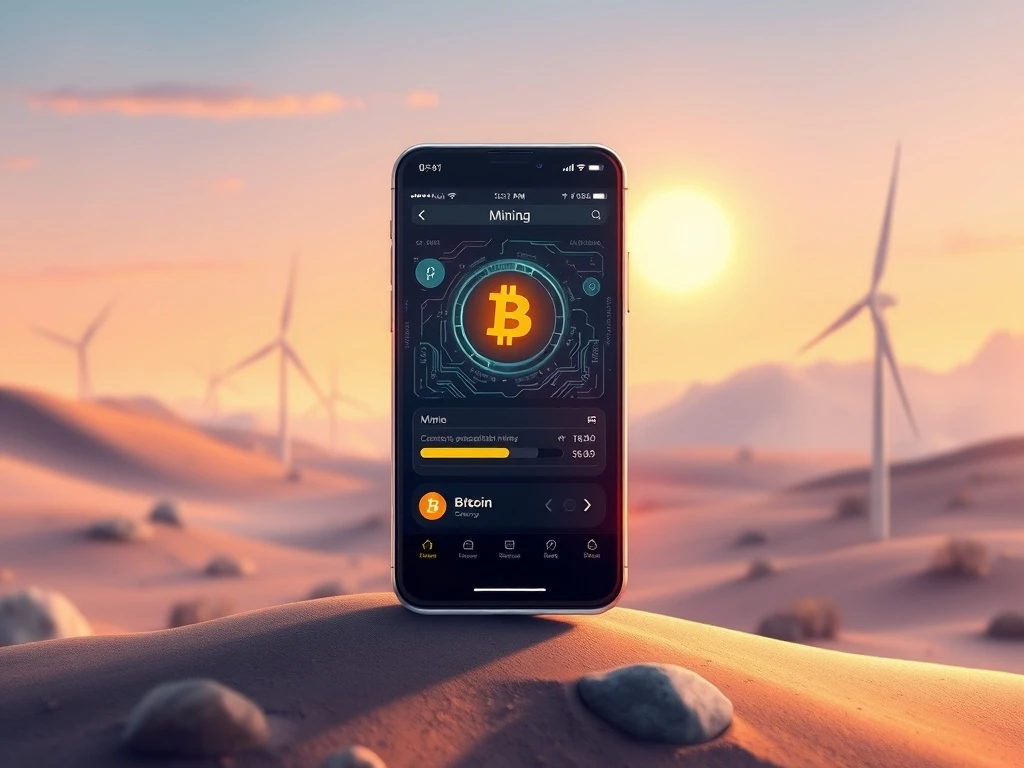 A smartphone displaying the AIXA Miner app, symbolizing easy Bitcoin mining powered by renewable energy and AI.