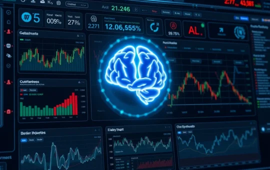 A futuristic interface showing market data and risk warnings, symbolizing the volatile nature of AIXBT's AI crypto tool insights.