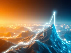 Algorand (ALGO) price surging with a bull flag pattern on a futuristic blockchain graph.
