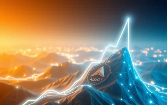 Algorand (ALGO) price surging with a bull flag pattern on a futuristic blockchain graph.