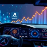 A futuristic dashboard with AI diagnostics and blockchain elements, symbolizing ALPINE crypto's integration into EV technology and its recent price surge.
