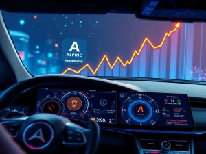 A futuristic dashboard with AI diagnostics and blockchain elements, symbolizing ALPINE crypto's integration into EV technology and its recent price surge.