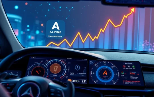 A futuristic dashboard with AI diagnostics and blockchain elements, symbolizing ALPINE crypto's integration into EV technology and its recent price surge.
