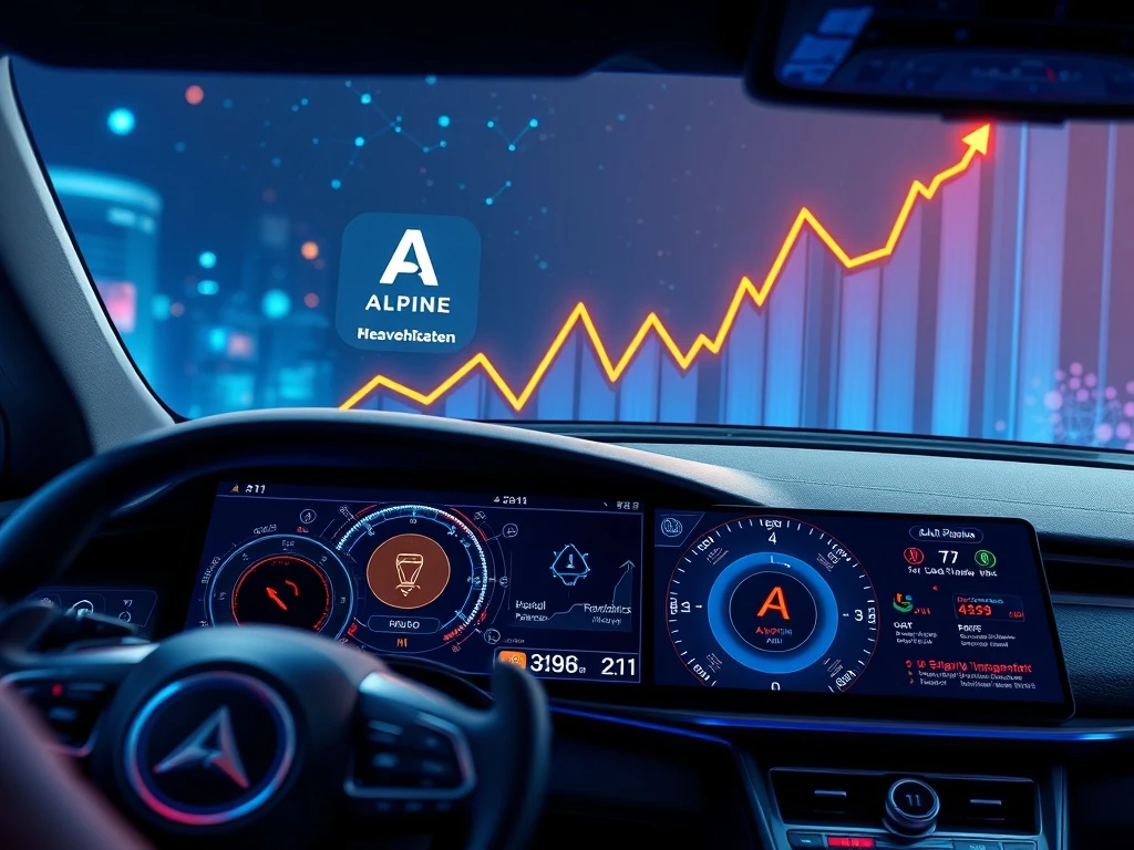 A futuristic dashboard with AI diagnostics and blockchain elements, symbolizing ALPINE crypto's integration into EV technology and its recent price surge.
