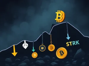 Illustration showing a significant altcoin plunge with tokens falling, symbolizing the crypto market downturn driven by leverage and speculative unwinding.