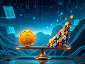 A digital scale showing Bitcoin's dominance gradually shifting as altcoins gain momentum, symbolizing the Altcoin Season debate.