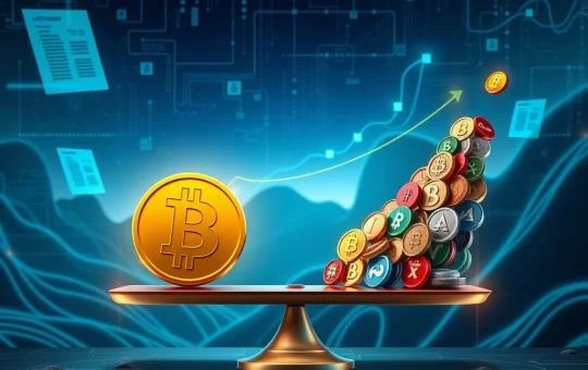 A digital scale showing Bitcoin's dominance gradually shifting as altcoins gain momentum, symbolizing the Altcoin Season debate.