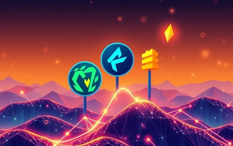 An altcoin surge depicted by rising charts and symbols of Conflux, Floki, and Flare, highlighting their impressive gains.