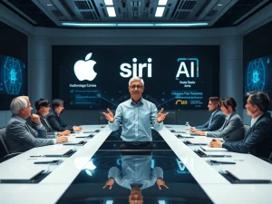 Tim Cook discussing Apple AI strategy with analysts in a futuristic boardroom