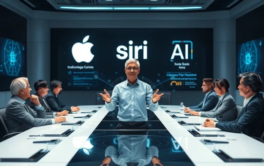 Tim Cook discussing Apple AI strategy with analysts in a futuristic boardroom