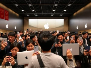 Apple China sales surge with customers buying iPhones and MacBooks in a busy store.
