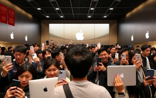 Apple China sales surge with customers buying iPhones and MacBooks in a busy store.
