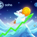 A cartoon arctic animal symbolizing Arctic Pablo Coin soaring with crypto gains, representing its potential in the Solana meme coin market.