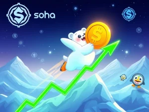 A cartoon arctic animal symbolizing Arctic Pablo Coin soaring with crypto gains, representing its potential in the Solana meme coin market.
