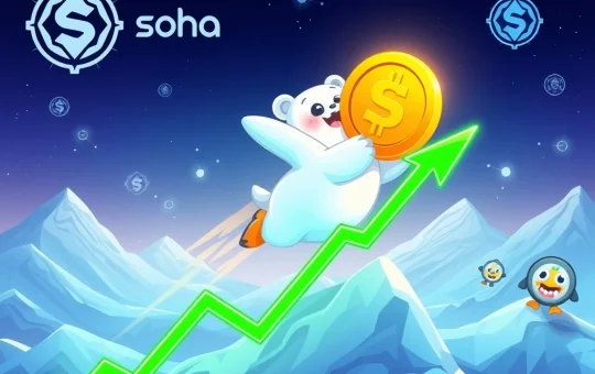 A cartoon arctic animal symbolizing Arctic Pablo Coin soaring with crypto gains, representing its potential in the Solana meme coin market.