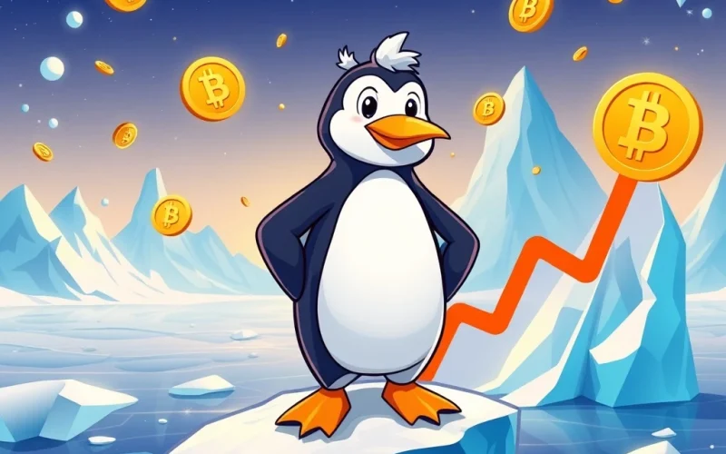 Arctic Pablo Coin penguin symbolizing potential explosive growth from its presale and staking, eyeing the crypto market.