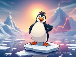 A cartoon penguin mascot stands on an ice floe, symbolizing Arctic Pablo Coin's presale success and high ROI potential.