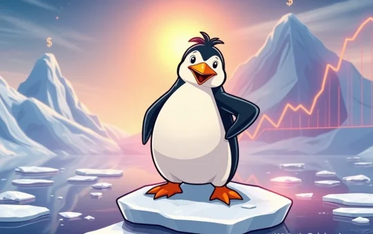 A cartoon penguin mascot stands on an ice floe, symbolizing Arctic Pablo Coin's presale success and high ROI potential.