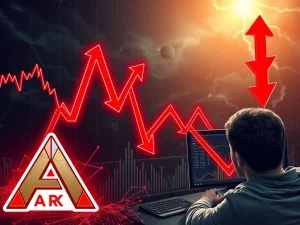 A dramatic downward chart depicting the ARK crypto price plunge, illustrating extreme volatility and market uncertainty.