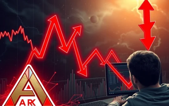 A dramatic downward chart depicting the ARK crypto price plunge, illustrating extreme volatility and market uncertainty.