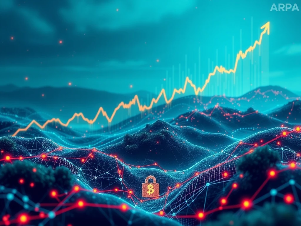 A digital representation of ARPA token growth amidst blockchain regulatory developments, symbolizing the advancement of decentralized data privacy solutions.