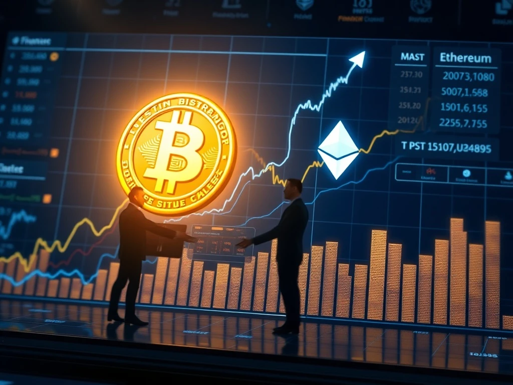 Arthur Hayes prediction on a financial screen showing Bitcoin and Ethereum price charts soaring, symbolizing significant crypto institutional investment.