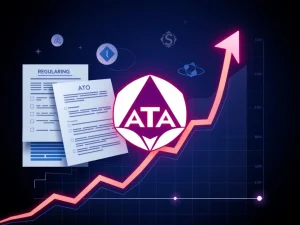 ATA cryptocurrency logo surging on a graph with regulatory documents in the background