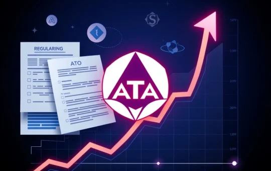 ATA cryptocurrency logo surging on a graph with regulatory documents in the background