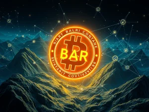 BAR cryptocurrency logo glowing in a futuristic blockchain landscape