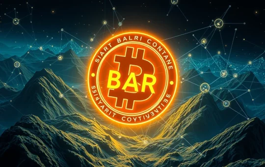 BAR cryptocurrency logo glowing in a futuristic blockchain landscape