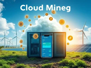 Digital representation of Bitcoin mining on a smartphone, showing significant crypto earnings from BAY Miner's cloud platform.