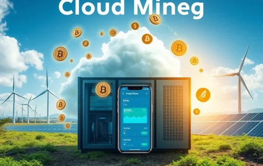 Digital representation of Bitcoin mining on a smartphone, showing significant crypto earnings from BAY Miner's cloud platform.