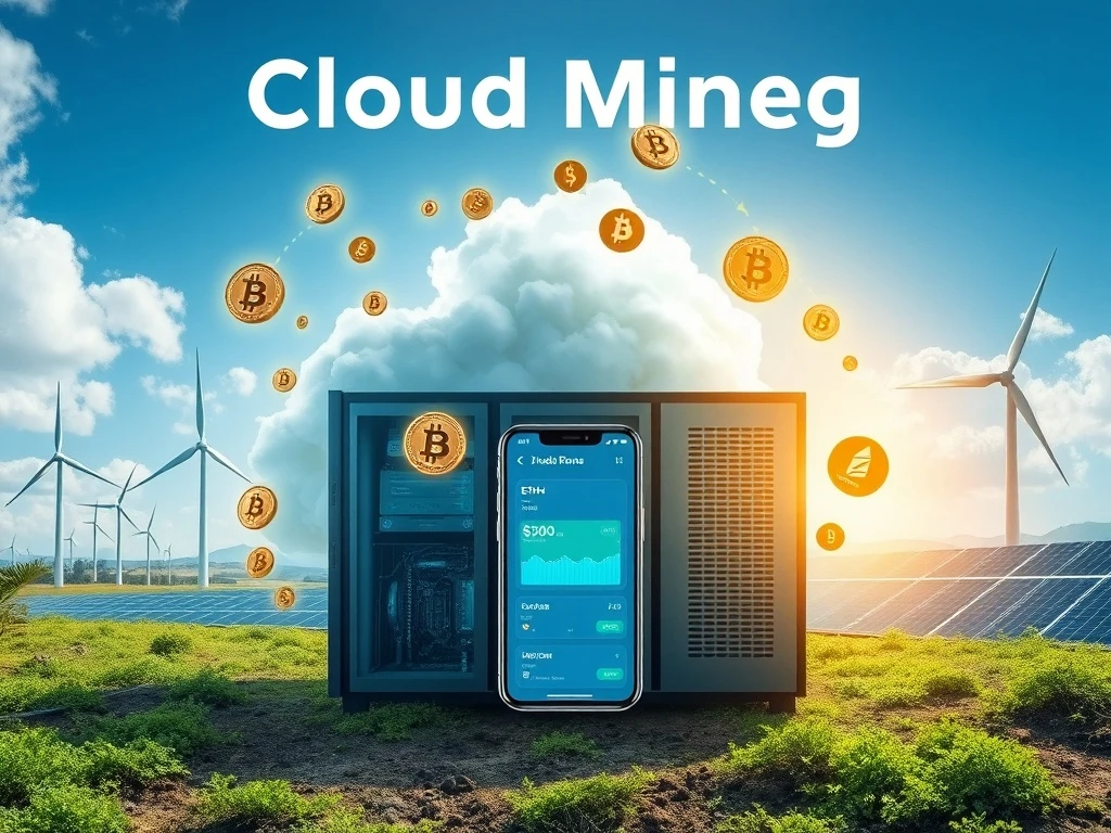 Digital representation of Bitcoin mining on a smartphone, showing significant crypto earnings from BAY Miner's cloud platform.