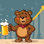 BeerBear meme coin character celebrating a potential 300% crypto gain with digital charts and community symbols.