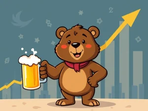BeerBear meme coin character celebrating a potential 300% crypto gain with digital charts and community symbols.