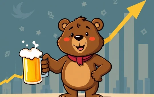 BeerBear meme coin character celebrating a potential 300% crypto gain with digital charts and community symbols.