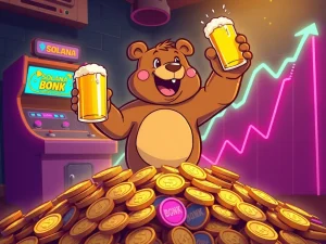 BeerBear meme coin character standing victorious on crypto coins, symbolizing its potential to mirror BONK's massive rally.