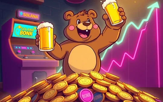 BeerBear meme coin character standing victorious on crypto coins, symbolizing its potential to mirror BONK's massive rally.